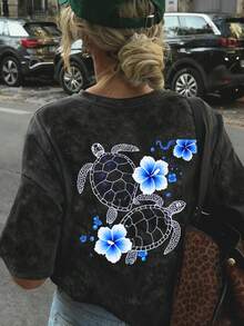 女款寬鬆版型圓領時尚百搭彩色字母印花紮染短袖T恤，美式復古風，春/夏 - 黑色 - 查看 3
