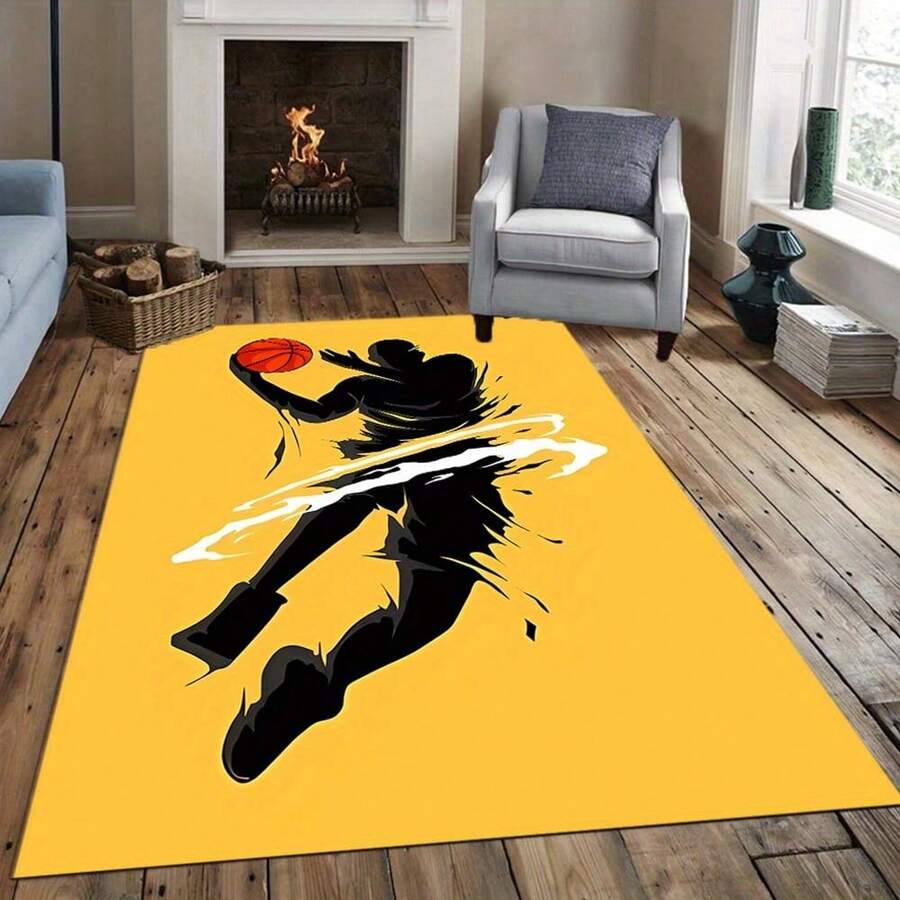 Basketball-Themed Rug - Bright Yellow With Dynamic Player Designs, Ideal For Decorating Living Rooms Or Bedrooms And Adding A Warm Style.Attractive, Comfortable And Easy To Clean.Fashionable Rug, Basketball Fan - 60x90cm - View 1