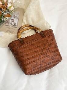 Bolso de tote de cesta tejido de colores, bolso cuadrado tejido de paja, bolso de mano de mujer con estilo campestre y elegante para vacaciones, de gran capacidad - Marrón - Ver 8