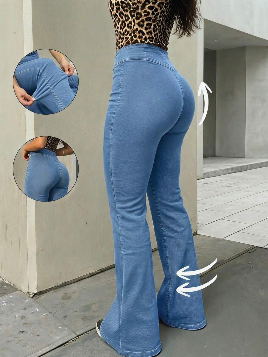 Jeggins dama mujer talle alto tipo acampanados flare ajuste elástico en cintura cómodo ligero moda juvenil versátil stretch - Azul lavado claro - Ver 1