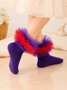 1 Pair Girls Princess Style Mesh Lace Short Socks, Baby Dual-Tone Ruched Mesh Dance Performance Tutu Socks - Purple - View 3