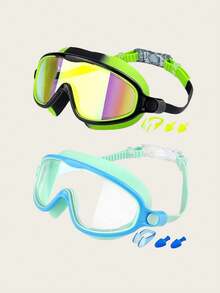 Swim Goggles 2 Packs Anti-Fog Wide View Swimming Goggles For Teenagers, There Are Two Sets Of Swimming Goggles/Goggles+Nose Clip Earplugs, Which Are Essential For Summer Swimming And Beach Activities, Pool Essentials, Beach Essentials - Multicolor - View 1