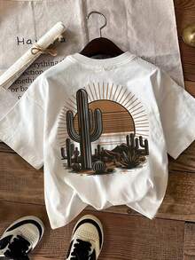 Tops,Vintage Style Desert Print Short-Sleeve Round-Neck Pure T-Shirt[Lang] - White - View 2
