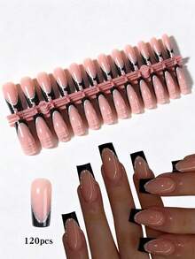 120pcs/5 Sets Long Square Black French Glitter Design Press-On Fake Nails, Perfectly Fitting Fake Nails, With 1 Jelly Glue And 1 Nail File, Black French Nails Suitable For Women's Parties, Proms, Daily Casual Wear - Black - View 4