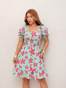 RAINBOW Women's Short Princess Floral Dress With Puff Sleeves And Elasticated Fabric - Elegant Fashion - One Size Fits 36-42 (Brazilian Sizes) - Crepe Fabric - 88-VERDE/PINK - 查看 6