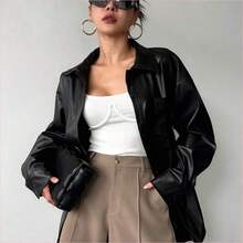 WNS  Chaqueta de cuero casual y holgada con bolsillo, estilo callejero, para otoño/invierno - Negro01 - Ver 7