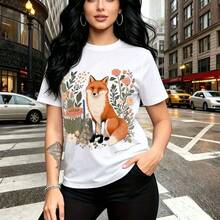Camiseta de mujer con estampado de zorro colorido entre flores y hongos, diseño artístico con rosa roja y hojas verdes - camiseta casual de manga corta cuello redondo, ajuste cómodo y fresco, estilo urbano y bohemio - ideal para pasear por la ciudad, - Blanco - Ver 9