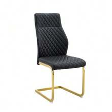 Table And Chair Set. Round 60cm Table In Walnut-Effect MDF, Gold Support Base, Matching 2 Black Dining Chairs With Diamond Pattern And Gold Metal Frame. - Black Gold - View 11