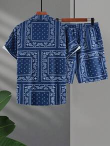 Conjunto de camisa de manga corta de un solo pecho con estampado de cachemira ligera & pantalones cortos para hombre, cintura elástica con cordón y bolsillos, conjunto de 2 piezas de camisa con patrón floral de nuez de la oeste vintage + pantalones cortos bermuda, adecuado para estilo callejero, uso diario, viajes de vacaciones - azul real - Ver 6