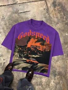 Y2K Tops, Godspeed Holly Wood Hills Orange Sunset Distressed Oversized Graphic Tee, Retro, Streetwear, Vintage, Drive Aesthetic, Baggy,   For Men - 紫色 - 查看 1