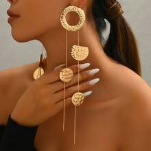 1 par de pendientes colgantes geométricos circulares martillados, pendientes largos con borlas de moda personalizados - Dorado - Ver 1