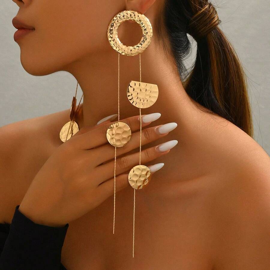 1 par de pendientes colgantes geométricos circulares martillados, pendientes largos con borlas de moda personalizados - Dorado - Ver 1