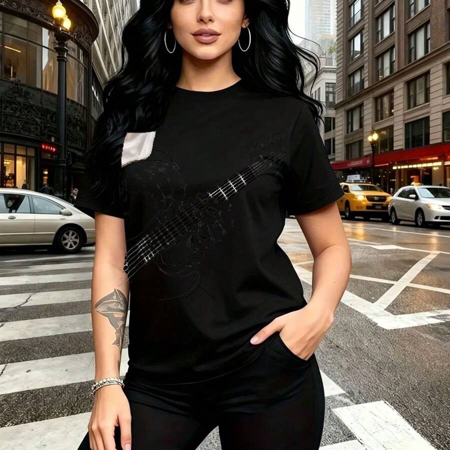 Camiseta de mujer con estampado de guitarra negra y diseño urbano - camiseta casual de manga corta, ajuste slim-fit elegante y cómodo, estilo moderno y atrevido para ciudad - ideal para paseos por la calle, salidas nocturnas y regalo perfecto para ma - Negro - Ver 1