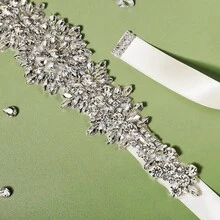 1pc Women's Luxury Satin Rhinestone Applique Bridal Sash, Wedding Accessory Suitable For Weddings, Receptions, Parties - White - View 5