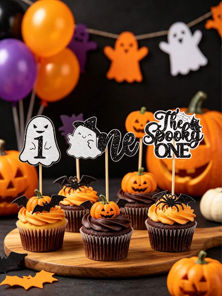 6/12/24 piezas Adornos para cupcakes del primer cumpleaños "The Spooky One", adornos de pastel con purpurina de fantasma de Halloween, adecuados para el primer cumpleaños "The Spooky One", baby shower "Little Boo" y decoraciones de fiesta con temática de Halloween - Decoración de pasteles 2 - Ver 1