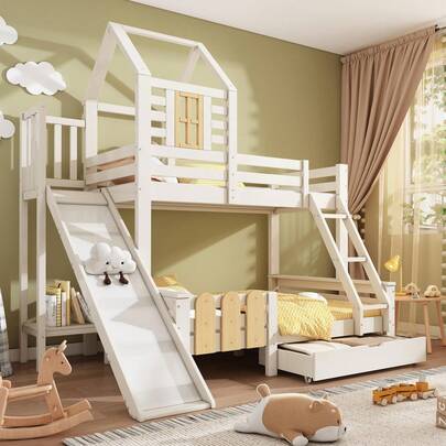EGBHDSFT Etagenbett Bett 90x200 & 140x200 cm, Hausbett mit Schublade Rutsche und Leiter, Kinderbett Hochbett mit Lattenrost, Blockhaus-Design, EN747-1:2024 Sicherheit(Ohne Matratze)