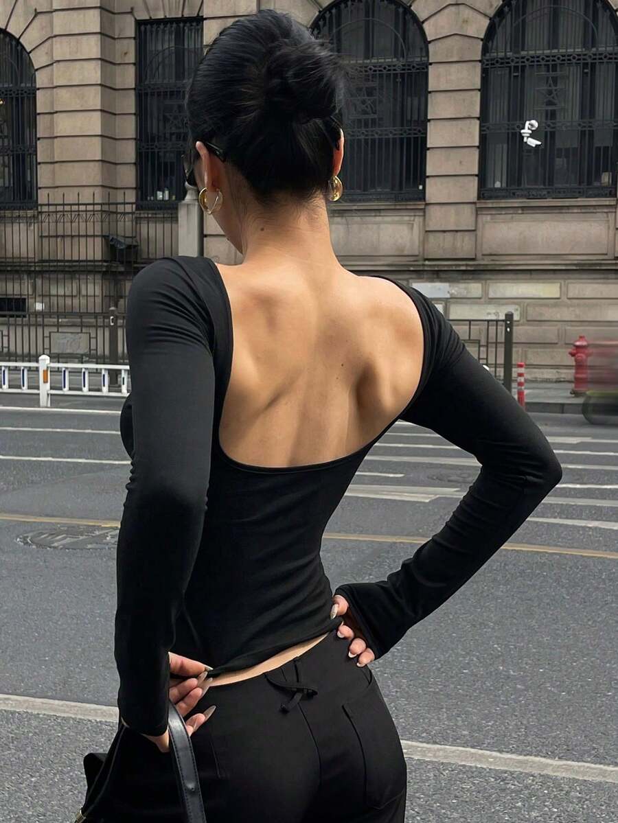 Camiseta ajustada de manga larga con cuello de barco y espalda descubierta de unicolor, ropa de vuelta al colegio estilo Y2K para mujer - Negro - Ver 1