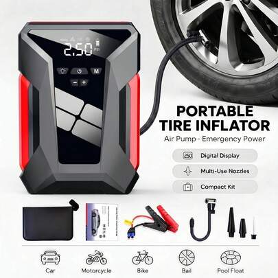 Car Jump Starter With Air Compressor, Car Battery Charger With Air Compressor, 12V Car Battery Booster, With Emergency LED Light, Portable Power Bank, Leather Storage Bag