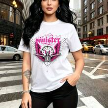 Camiseta de mujer con estampado gótico "sinister" en rosa y blanco con alas y calavera - diseño urbano con tatuajes visibles, ajuste cómodo para todo el día - ideal para paseos por la ciudad, salidas nocturnas y regalo perfecto para mamá, esposa, nov - Blanco - Ver 11