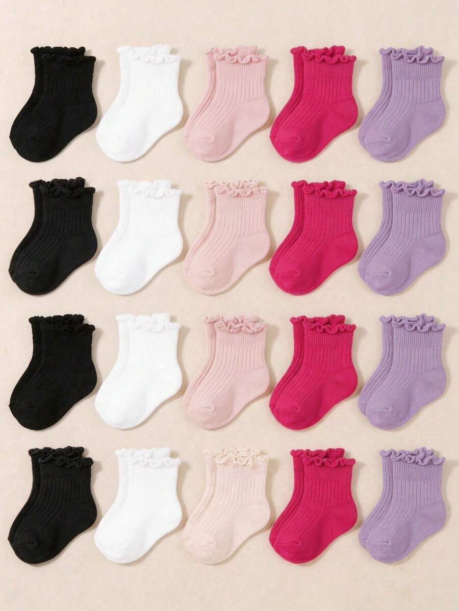 5 Pairs Random Of Baby Socks, Ruffle Ankle Socks, Colorful Solid Color Socks, Comfortable Breathable Soft Socks, Baby Stuff, Socks For Girls - Multicolor - View 1