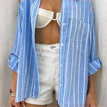 WNS  Camisa casual de mujer de un solo pecho con hombros caídos y mangas enrolladas a rayas - Amarillo - Ver 4