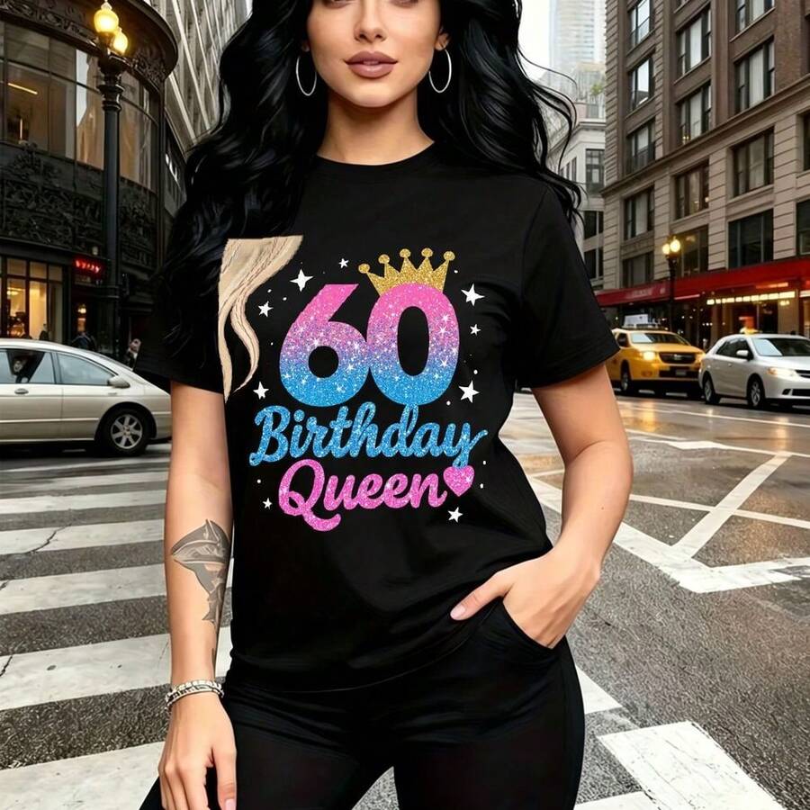 Camiseta de mujer con estampado de reina del cumpleaños 60 años, corona dorada y letras brillantes - diseño festivo y elegante para celebrar los 60, ajuste cómodo y casual - ideal para fiestas de cumpleaños, reuniones familiares y regalo perfecto par - Negro - Ver 1