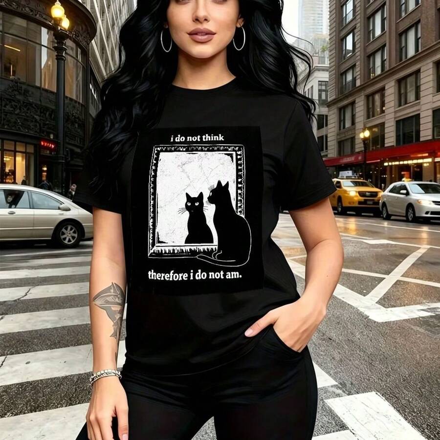 Camiseta de mujer con estampado divertido de dos gatos y frase filosófica "i do not think, therefore i do am" - diseño gráfico blanco sobre fondo negro, corte casual de manga corta con ajuste cómodo y fresco, estilo urbano ideal para caminar por la c - Negro - Ver 1