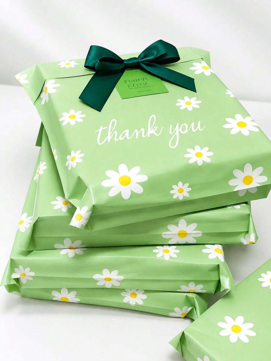 大尺寸綠色雛菊印花防水自封式郵寄袋,印有「Thank You」文字,耐撕裂禮品包裝信封,適用於服飾、嬰兒洗禮禮品袋、嬰兒生日派對贈品、小企業耐用運輸袋、婚禮禮物、派對填充物及母親節禮物 - 綠色雛菊 - 查看 1