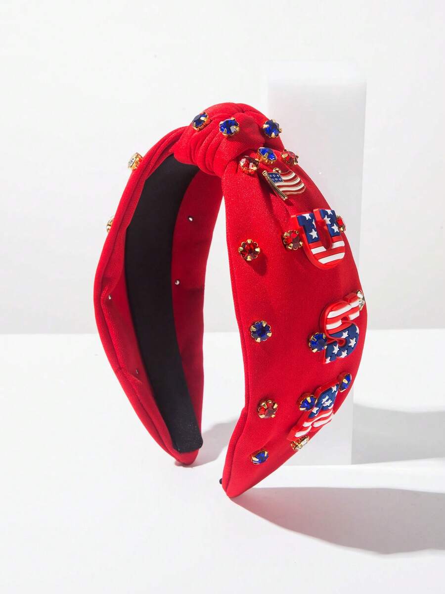1pc USA Flag Knot Headband With Rhinestones, Unique Creative Accessory For 4th Of July Independence Day Hairband