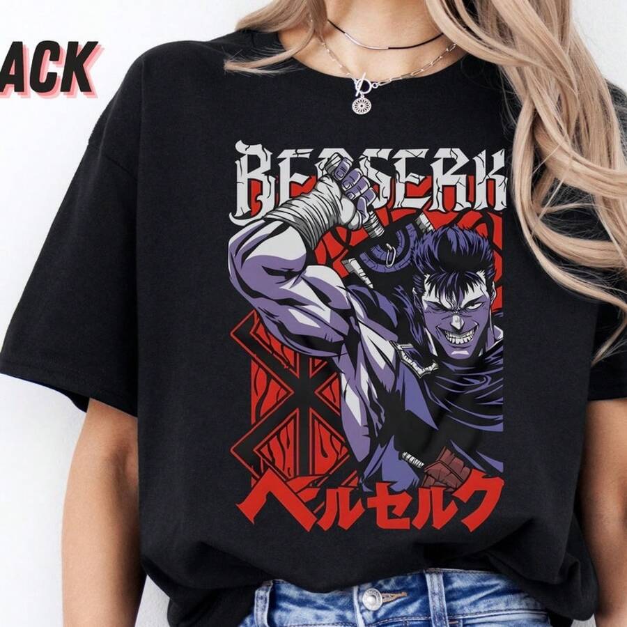 Maglietta da donna Maglietta unisex realizzata in puro cotone Maglietta anime Guts miscela etica Maglietta estiva Camicetta Top basic design creativo Gioco all'aperto stile cool design divertente stile grazioso Estate O... - nero - Visualizzare 1