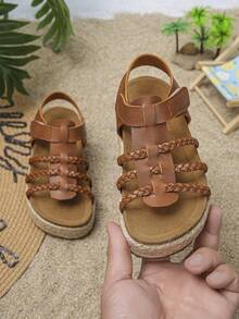 1 Pair Summer Kids Sandals, Fashion Solid Color Minimalist Hook & Loop Casual Vacation Party Beach Non-Slip Comfortable Outdoor Thick Sole Rope Open Toe Flat Sandals - Brown - View 3
