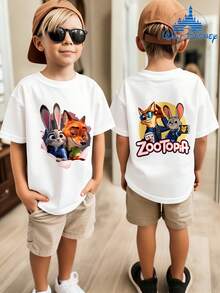 DISNEY Boys' Zootopia Nick & Judy Cartoon Shirt - Soft Stretchy Breathable Kids Summer Outfit With Nick Wilde & Judy Hopps Character Design, Loose Fit Short Sleeve Tunic Suitable For Kids, Holiday Gift For Boys - White - View 1