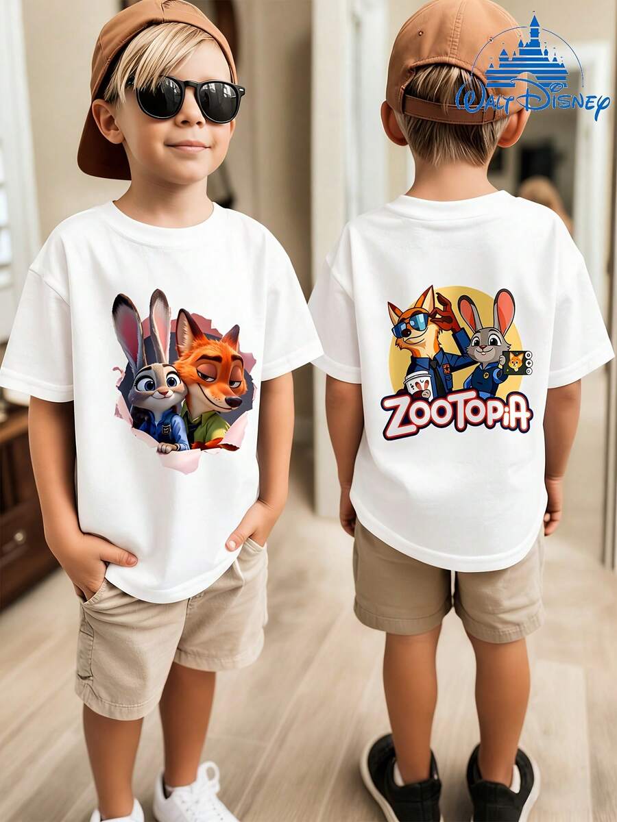 DISNEY Boys' Zootopia Nick & Judy Cartoon Shirt - Soft Stretchy Breathable Kids Summer Outfit With Nick Wilde & Judy Hopps Character Design, Loose Fit Short Sleeve Tunic Suitable For Kids, Holiday Gift For Boys - White - View 1