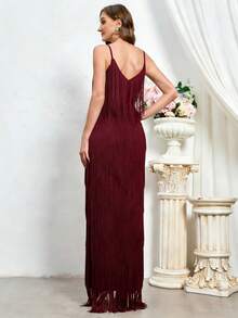 Women's Solid Color Elegant Spaghetti Strap Tassel Cocktail Party Dress Wedding Fall - Burgundy - View 2