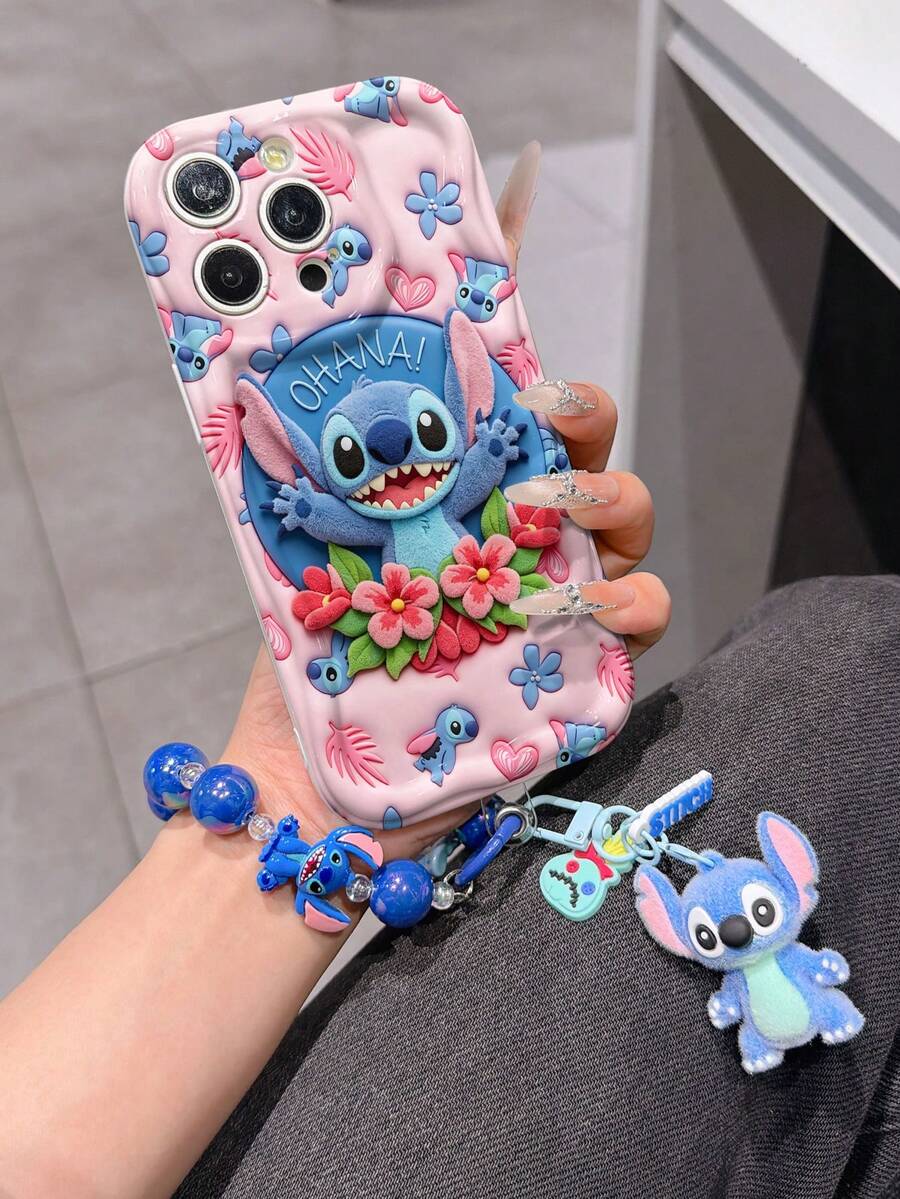Disney Has Authorized, Phone Case - Chain Set, The Stitch Lilo & Stitch 3D Phone Case Plus A Silicone 3D Stitch Bracelet With Metallic Ring Removable Bracelet, Stitch And Angel Pattern, Compatible With Iphone17/16/15/14/13/12/11/XS/XR/X Plus Pro Max, A Stylish Cartoon Phone Case, The Perfect Gift Choice, Phone Protection, Durable Phone Cover, Great Gift For Friends And Family. - trắng - Xem 1