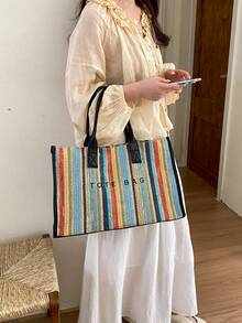 新款大容量字母裝飾編織草編托特包，多功能通勤休閒度假編織草編手提包，適合海灘度假 - 彩色 - 查看 5