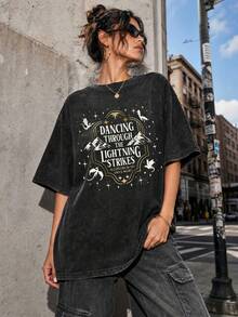 Plus Size Vintage Washed Crew Neck Tee With Dragon & Mountain Letter Print, Fantasy Style Top For Daily Commute Party Spring Summer Autumn Casual - Black - View 2