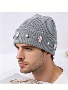 1pcs Niche Rhinestone Knitted Beanie - Multiple Colors Available, Autumn Winter Warm/Street Style Accessory, Eye-Catching Personality Headwear - 黑色 - 查看 11