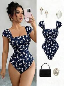 Nuevo Llegado Mono de Mujer con Cuello Cuadrado, Manga Corta, Estampado Floral, Cintura Fruncida y Silueta A, Elegante para Citas, Vacaciones, Cintura Estilizada y Favorecedora - Azul marino - Ver 1