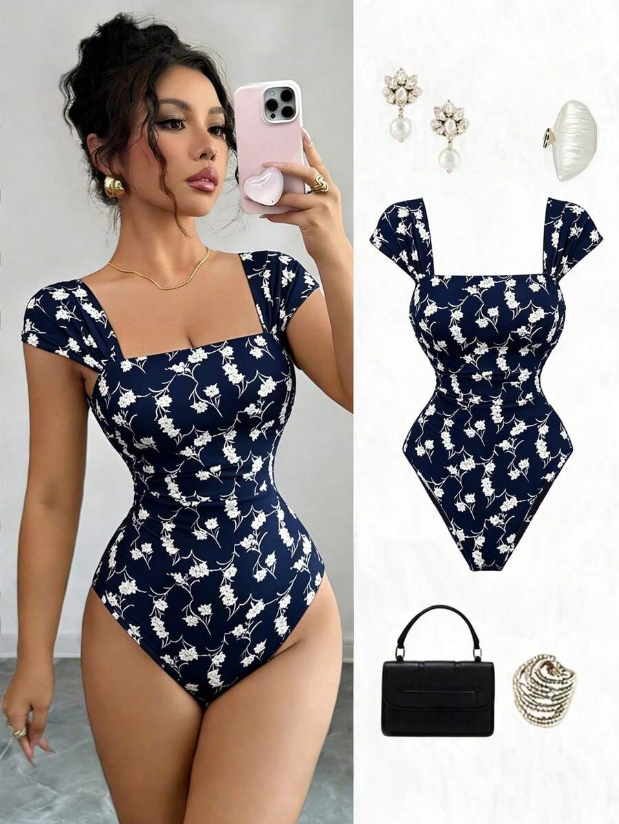 Nuevo Llegado Mono de Mujer con Cuello Cuadrado, Manga Corta, Estampado Floral, Cintura Fruncida y Silueta A, Elegante para Citas, Vacaciones, Cintura Estilizada y Favorecedora - Azul marino - Ver 1