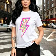 Camiseta de mujer con estampado de rayo vibrante en estampado de leopardo multicolor y borde rosa - camiseta casual de manga corta, ajuste cómodo y estilo urbano dinámico para la ciudad - ideal para paseos por la calle, salidas casuales y regalo perf - Blanco - Ver 11