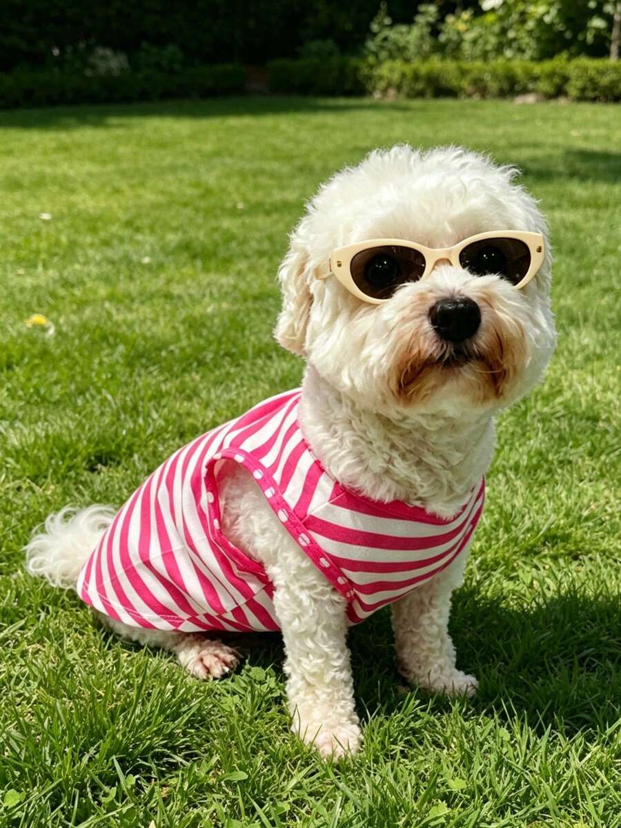 粉白條紋狗狗背心,甜美風格小型犬泰迪比熊夏季透氣無袖上衣,粉白條紋狗狗無袖T恤,中小型犬泰迪比熊夏季柔軟可愛透氣背心 - 粉色 - 查看 1
