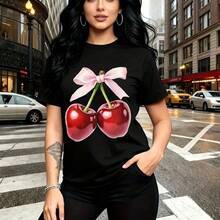 Camiseta de mujer con estampado de dos cerezas rojas brillantes con lazo rosa - camiseta casual de manga corta y cuello redondo, ajuste cómodo y fresco, estilo urbano divertido - ideal para paseos por la ciudad, citas románticas, cumpleaños y regalo - Negro - Ver 11