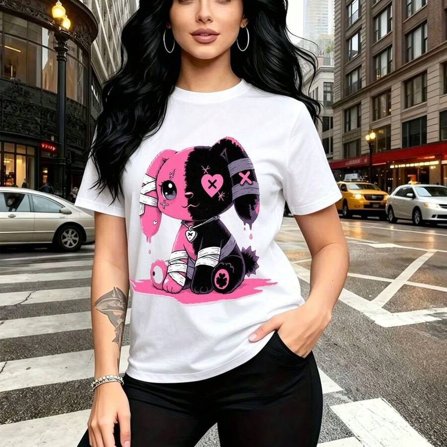 Camiseta de mujer con estampado de ositos tiernos abrazándose en tonos rosa y morado - camiseta casual de manga corta con ajuste cómodo y diseño divertido, estilo urbano para el día a día - ideal para fiestas temáticas, salidas casuales con amigas y - Blanco - Ver 1