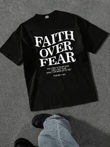 Men's Never Give Up Virgin Mary Cross Graphic T-Shirt, Y2K Cotton Short Sleeve Tee, Casual Summer Streetwear For Daily Wear - Black Top - View 9
