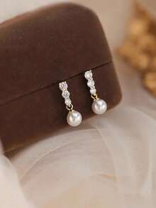 BALMORA 1 Pair High-End Elegant S925 Sterling Silver Pearl & Zirconia Shell Earrings, Women's Gift - Gold - View 8