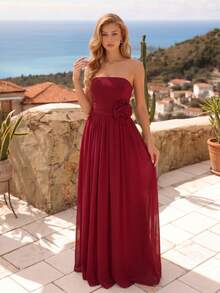 Đầm dạ hội dài màu đỏ thẫm gợi cảm bằng chiffon, không dây vai, họa tiết hoa, dành cho phù dâu. - Màu đỏ sẫm - Xem 1