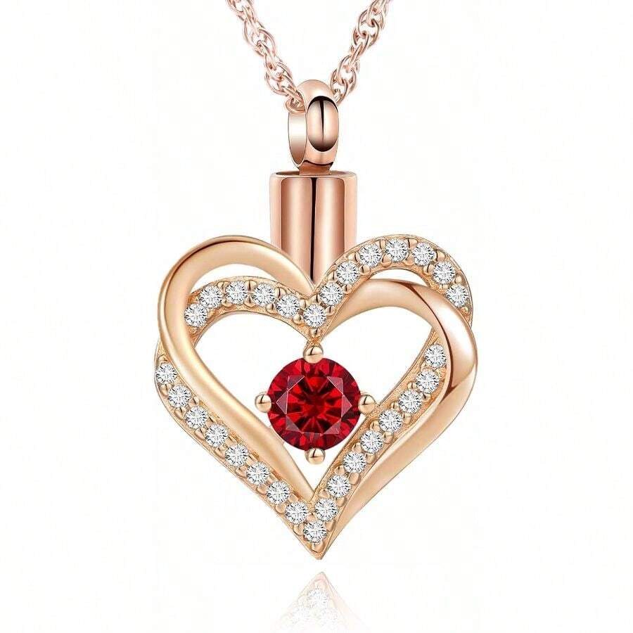 Cremation Jewelry Heart Urn Necklace For Ashes For Women Gilrs Memorial Keepsake Birthstone Pendant - Rose Gold-red - View 1
