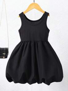 4-7 Years Old Girls Cute Sweet Sleeveless Dress, Top In Ribbed Knit Fabric For Comfortable Fit, Fluffy Bubble Skirt For Playful Princess Vibe, Suitable For Daily Wear, Pool Party And More - Black - View 3