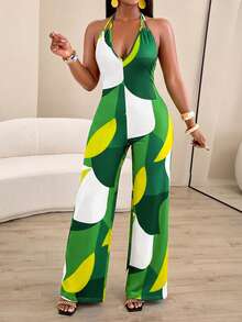 AIJ Women's Sexy Casual Minimalist All-Over Print Deep V-Neck Camisole Jumpsuit (Random Print) Vacation Summer - Dark Green - View 3